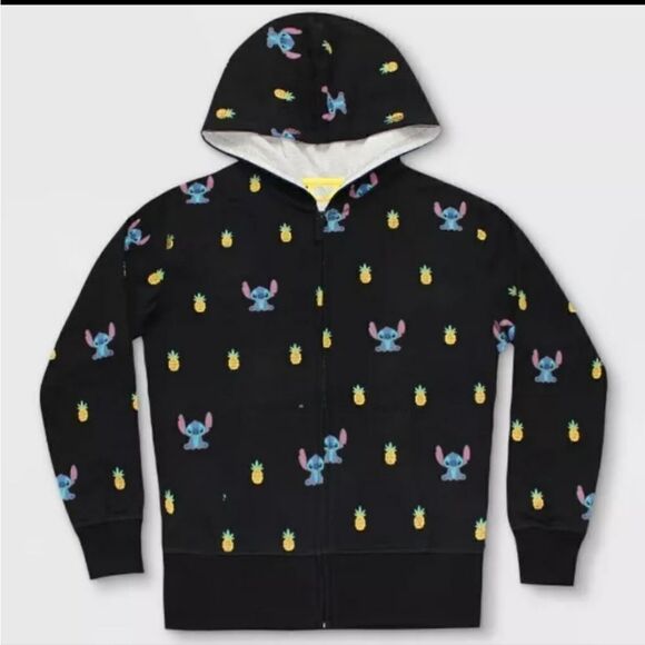 Disney Lilo and Stitch Black Allover Print Zipper Hoodie Sweatshirt Sz S - Picture 1 of 9